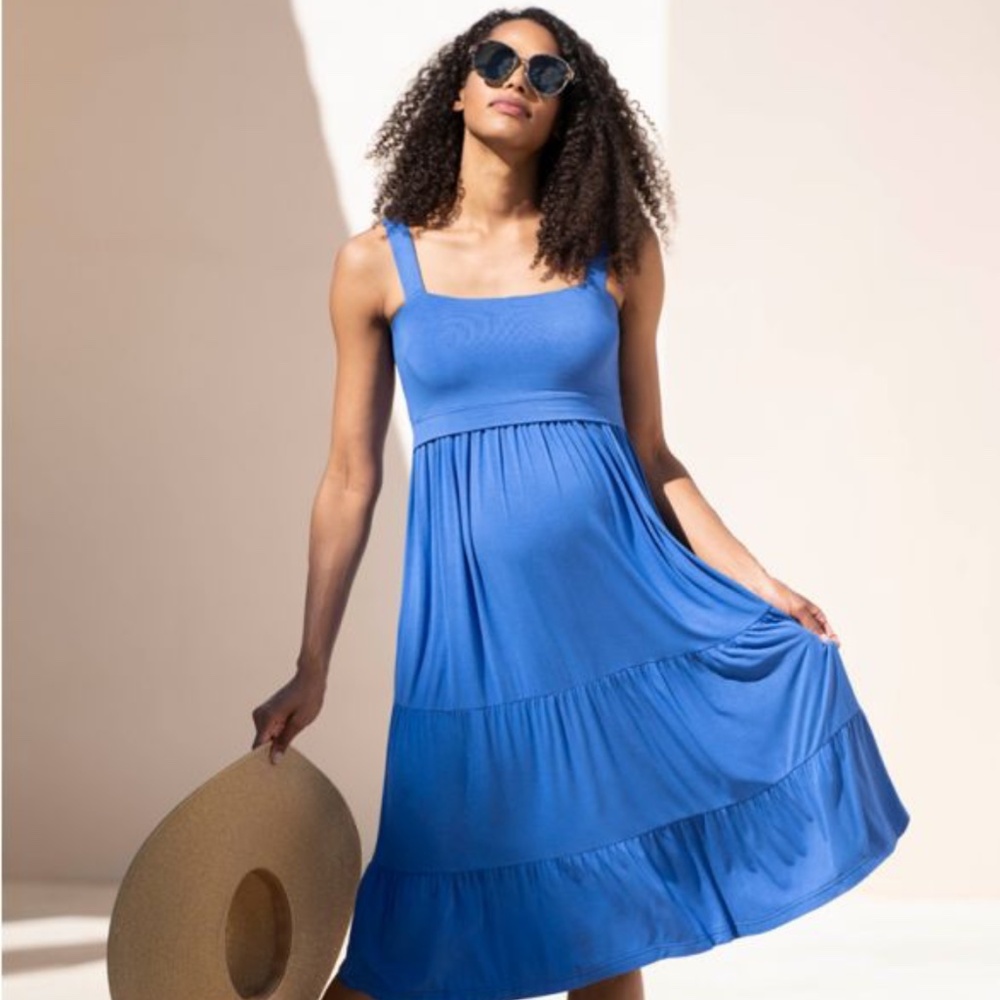 Blue Square Neck Sleeveless Tiered Maternity to Nursing Midi Dress